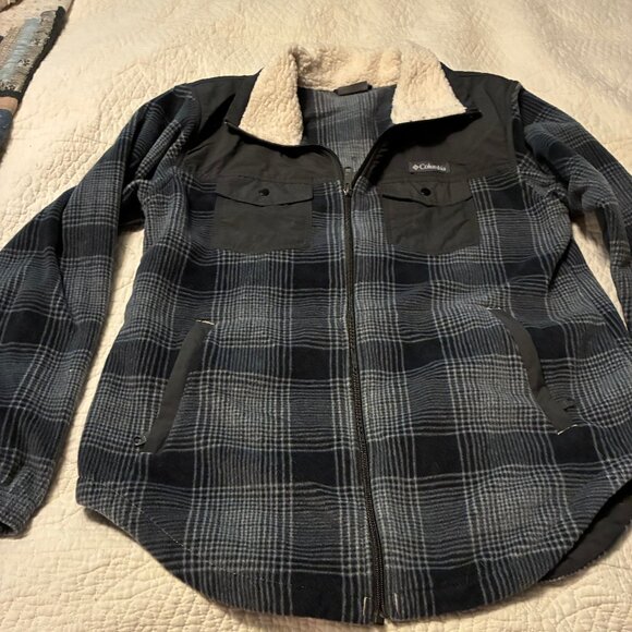 Columbia Jacket Fleece Gray Plaid Sherpa Collar Medium - Picture 1 of 13